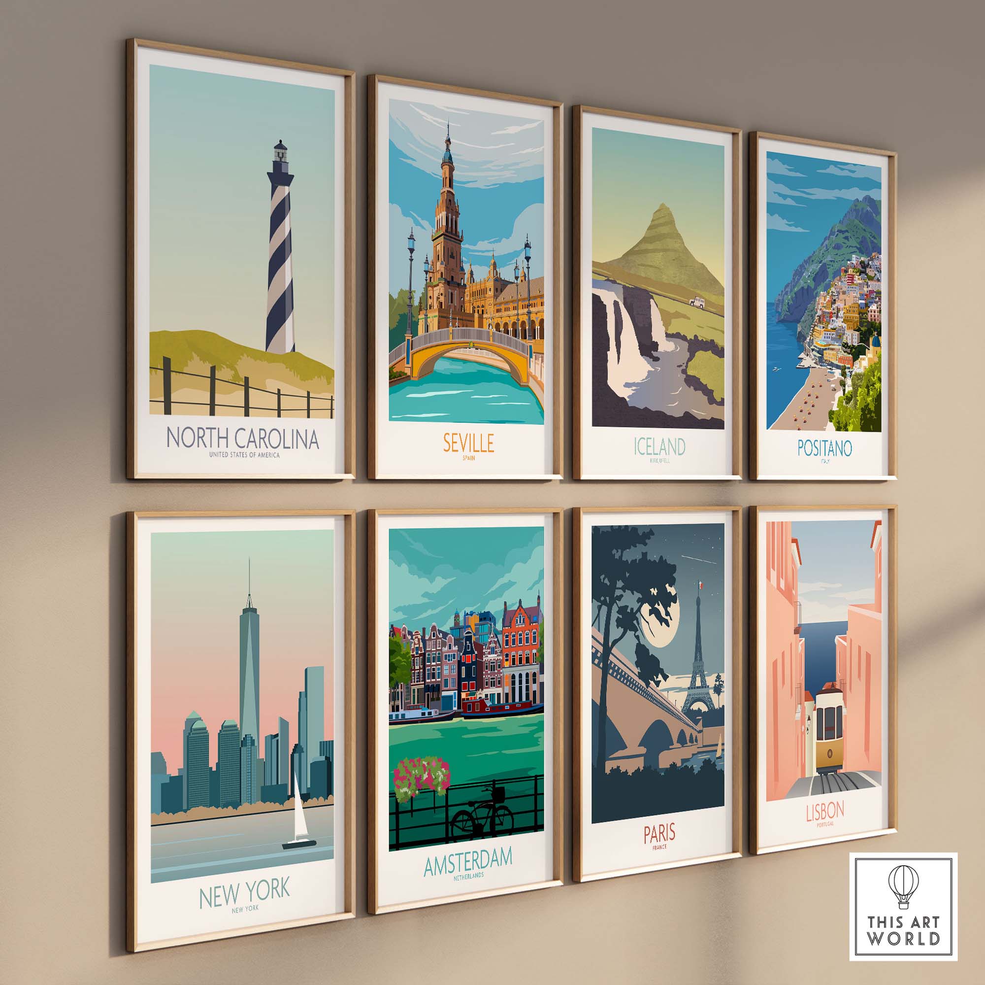 Gallery of vintage travel posters including North Carolina, Seville, Iceland, and more, showcasing minimalist wall art.