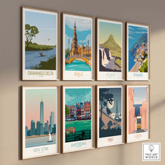 Collection of vintage-inspired travel posters featuring Okavango Delta, Seville, Iceland, and more.