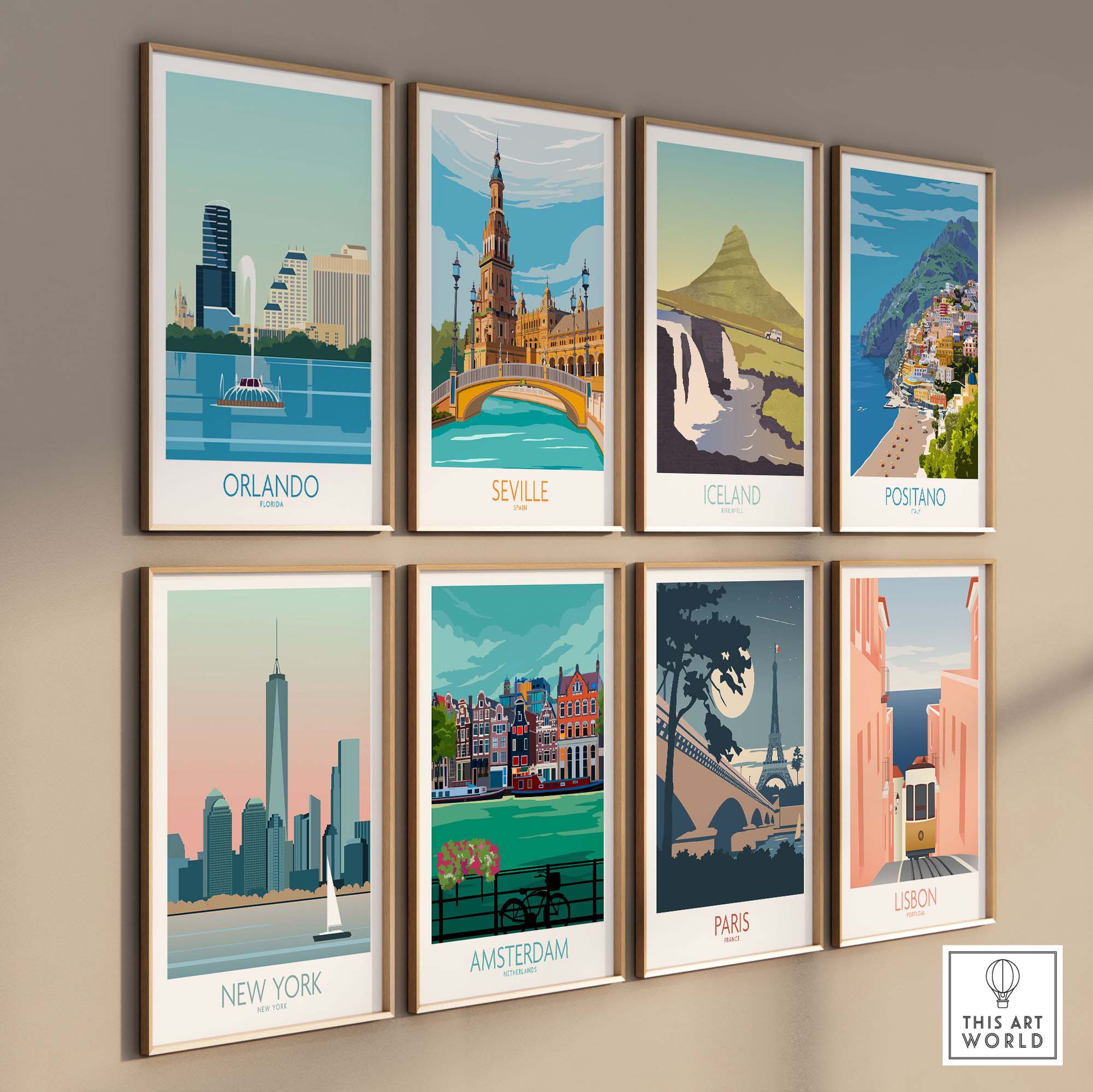 Framed vintage travel wall art prints featuring Orlando, Seville, Iceland, Positano, New York, Amsterdam, Paris, and Lisbon.