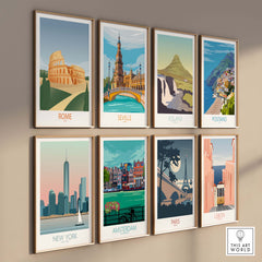 Vintage-inspired wall art prints featuring Rome, Seville, Iceland, Positano, New York, Amsterdam, Paris, and Lisbon.