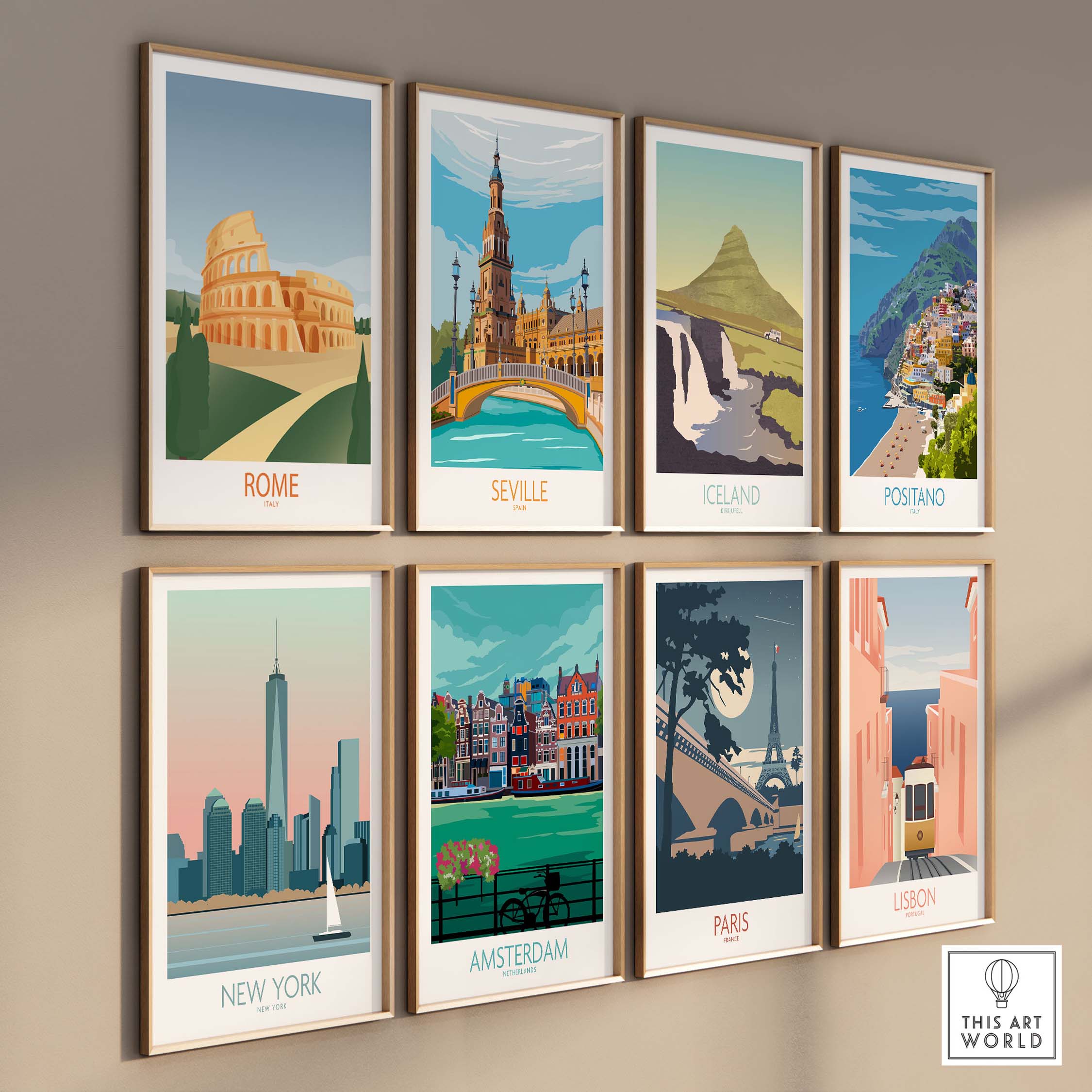 Vintage-inspired wall art prints featuring Rome, Seville, Iceland, Positano, New York, Amsterdam, Paris, and Lisbon.