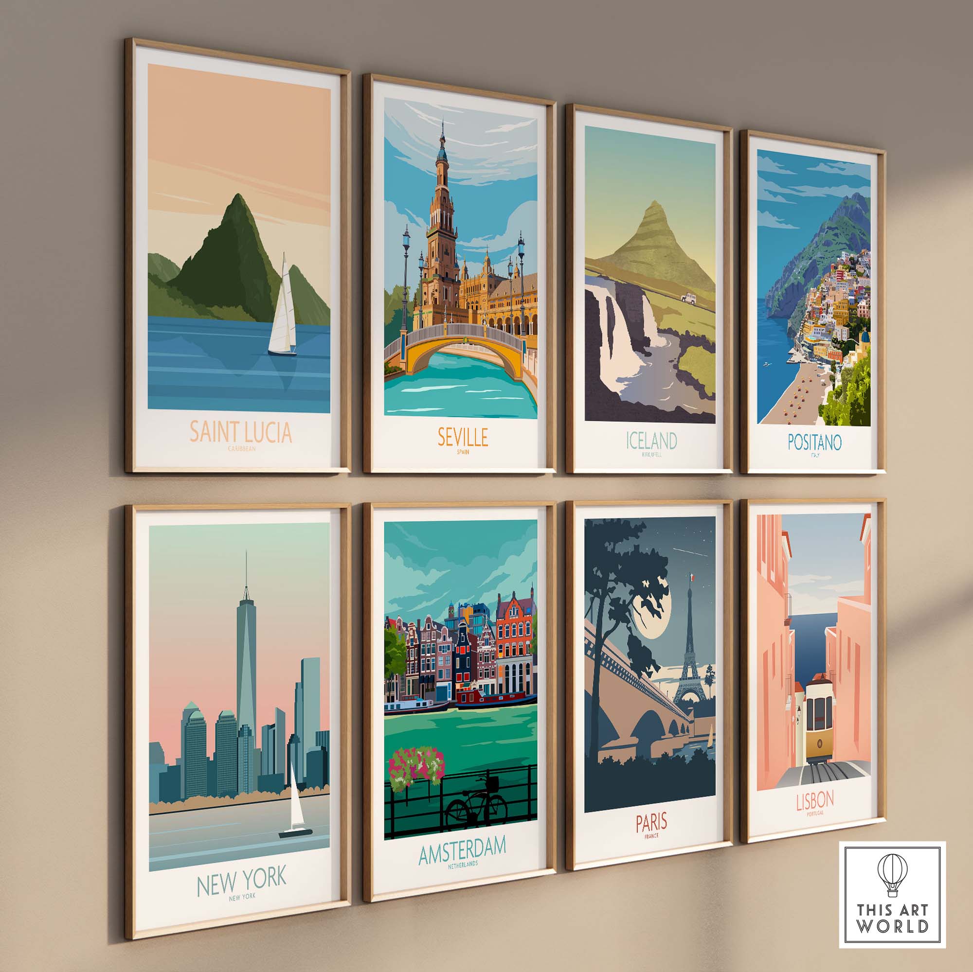 Saint Lucia Caribbean poster alongside framed art prints of Seville, Iceland, Positano, New York, Amsterdam, Paris, and Lisbon.