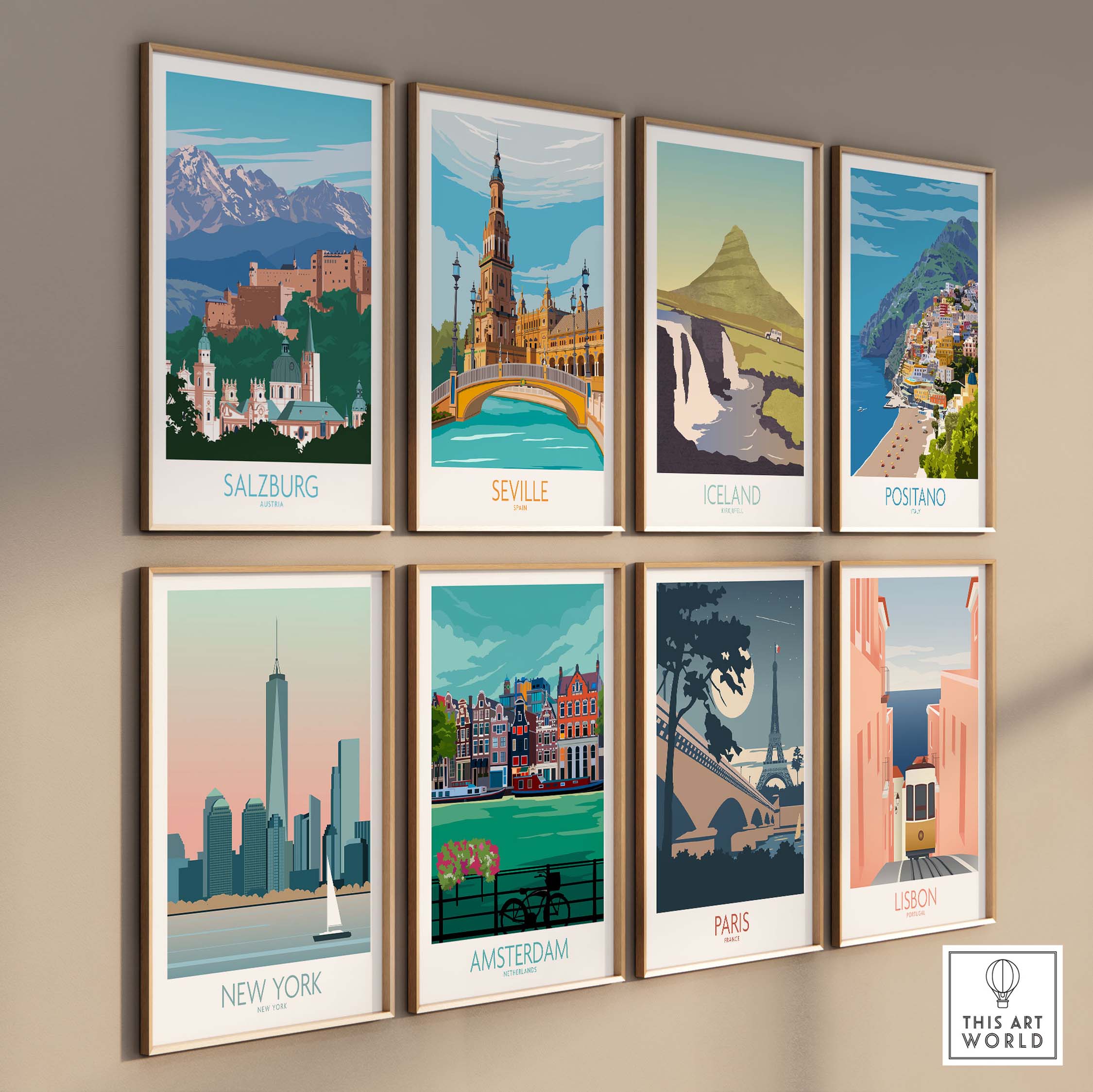 A collection of vintage-inspired travel posters featuring Salzburg, Seville, Iceland, Positano, New York, Amsterdam, Paris, and Lisbon.