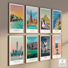 Grid of vintage-inspired travel posters featuring Skiathos, Seville, Iceland, Positano, New York, Amsterdam, Paris, and Lisbon.