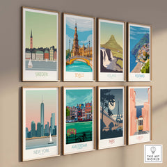 Collection of travel poster prints including Sweden, Seville, Iceland, and more on a stylish wall.