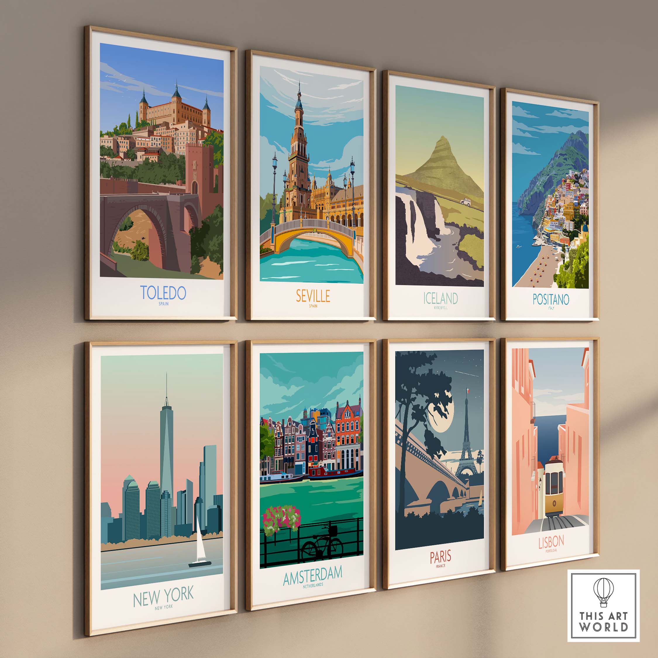Gallery of travel posters including Toledo, Seville, Iceland, and Positano displayed on a wall.