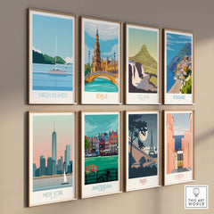 Collection of vintage travel wall art prints featuring Virgin Islands, Seville, Iceland, Postiano, New York, Amsterdam, Paris, Lisbon.