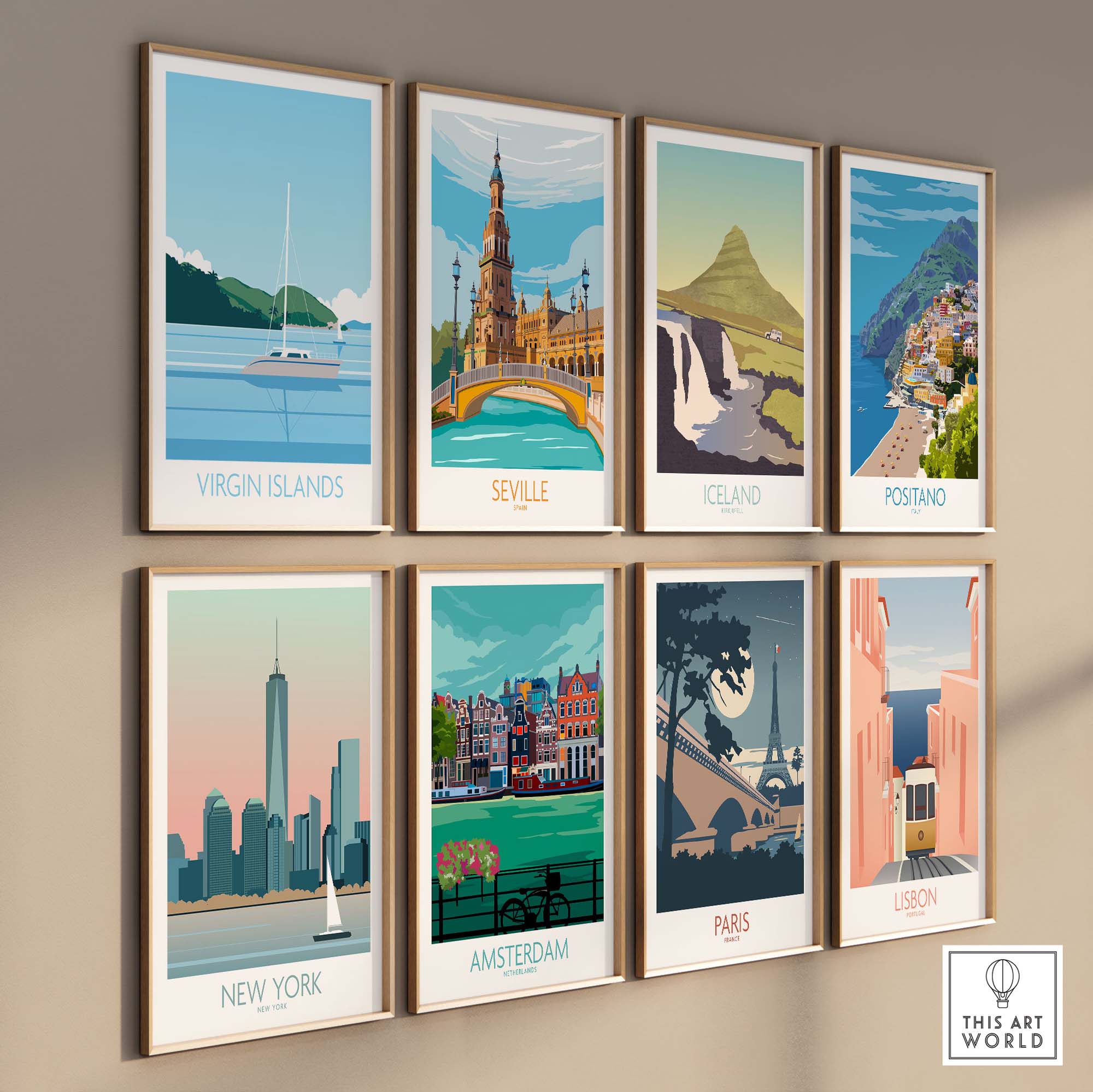 Collection of vintage travel wall art prints featuring Virgin Islands, Seville, Iceland, Postiano, New York, Amsterdam, Paris, Lisbon.