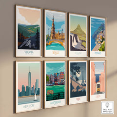 Virginia, Seville, Iceland, Positano, New York, Amsterdam, Paris, Lisbon vintage travel wall art prints on display
