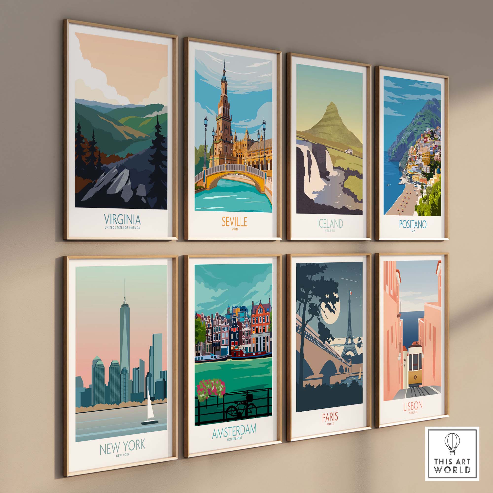 Virginia, Seville, Iceland, Positano, New York, Amsterdam, Paris, Lisbon vintage travel wall art prints on display
