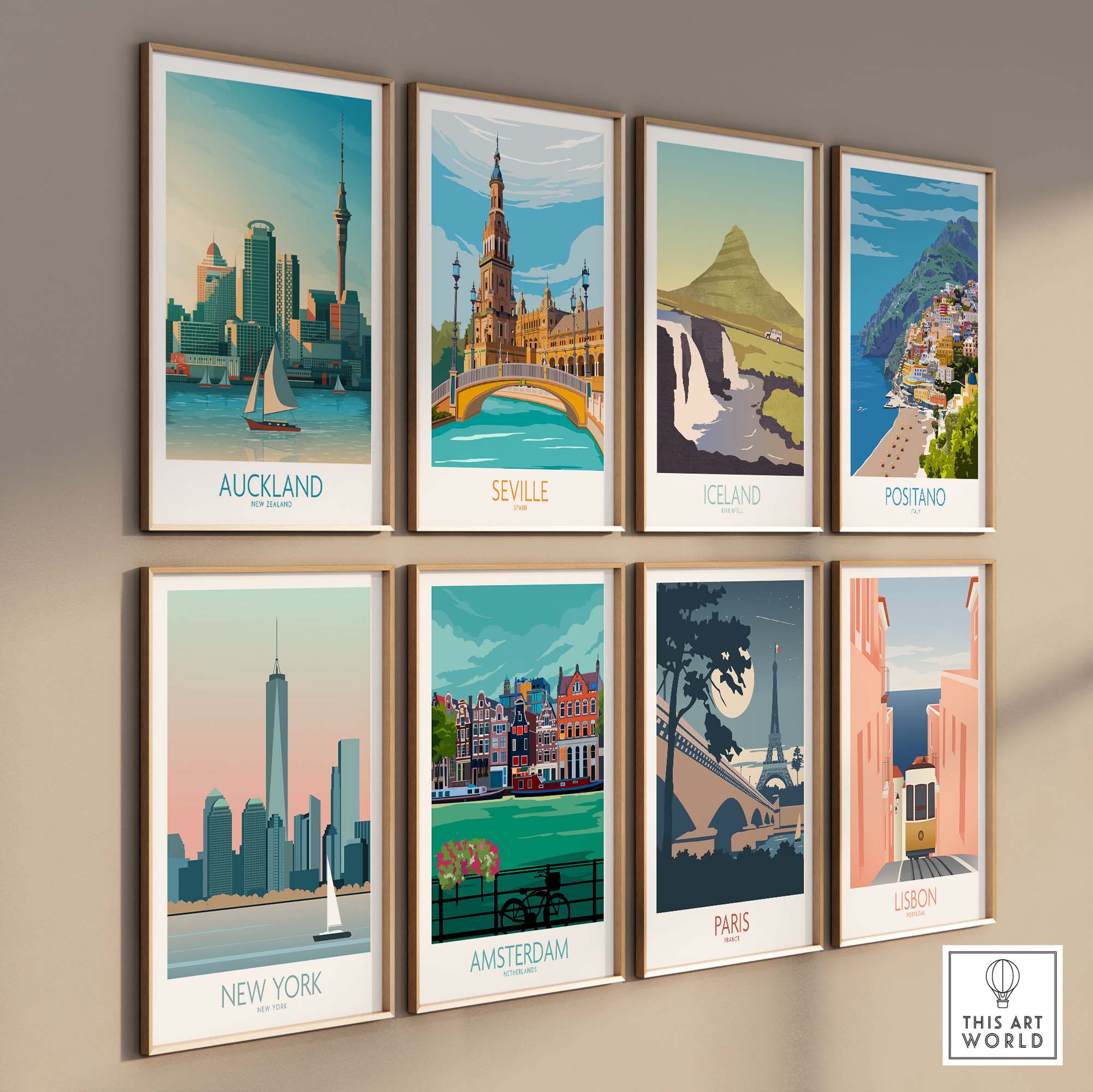 A collection of vintage-style travel posters featuring Auckland, Seville, Iceland, Positano, New York, Amsterdam, Paris, and Lisbon.