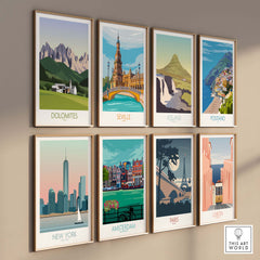 Gallery of travel-inspired wall art prints featuring Dolomites, Seville, Iceland, and more.