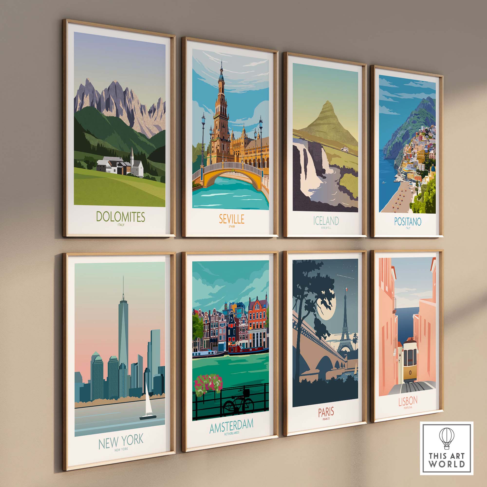 Gallery of travel-inspired wall art prints featuring Dolomites, Seville, Iceland, and more.