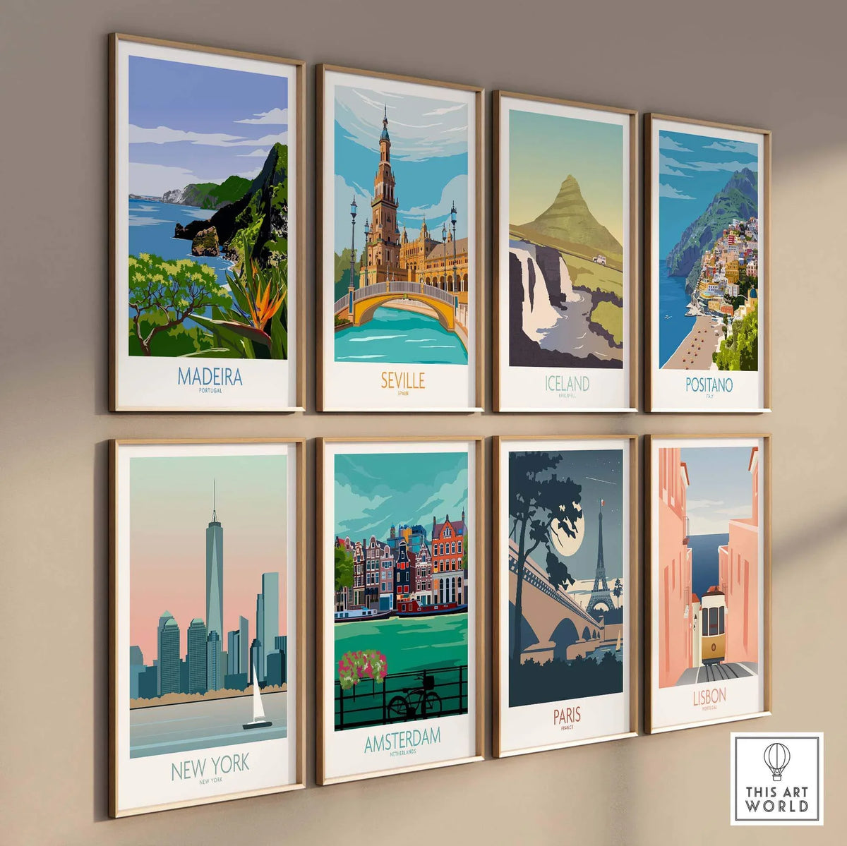 Collection of travel posters featuring Madeira, Seville, Iceland, Positano, New York, Amsterdam, Paris, and Lisbon.