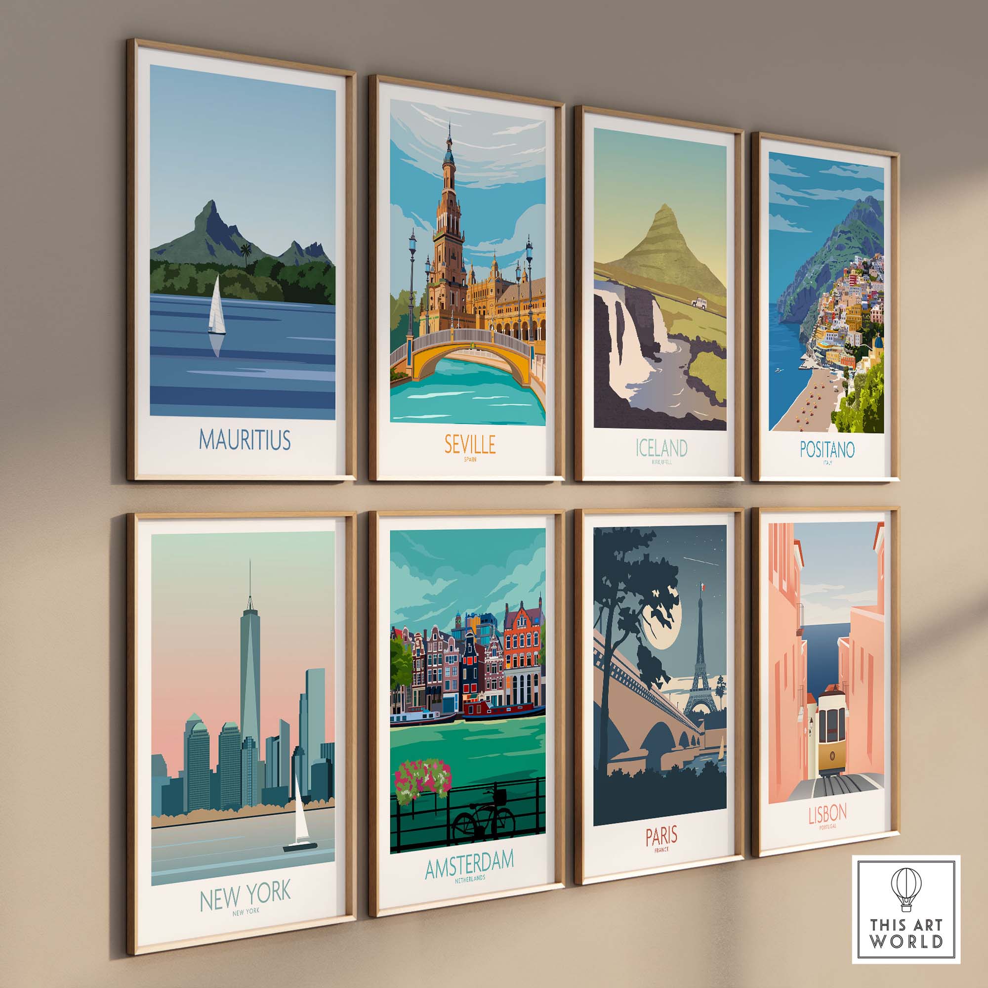 Collection of travel posters featuring Mauritius, Seville, Iceland, Positano, New York, Amsterdam, Paris, and Lisbon.