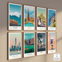 Nazare and travel-themed wall art prints displayed in a stylish arrangement, featuring iconic destinations.