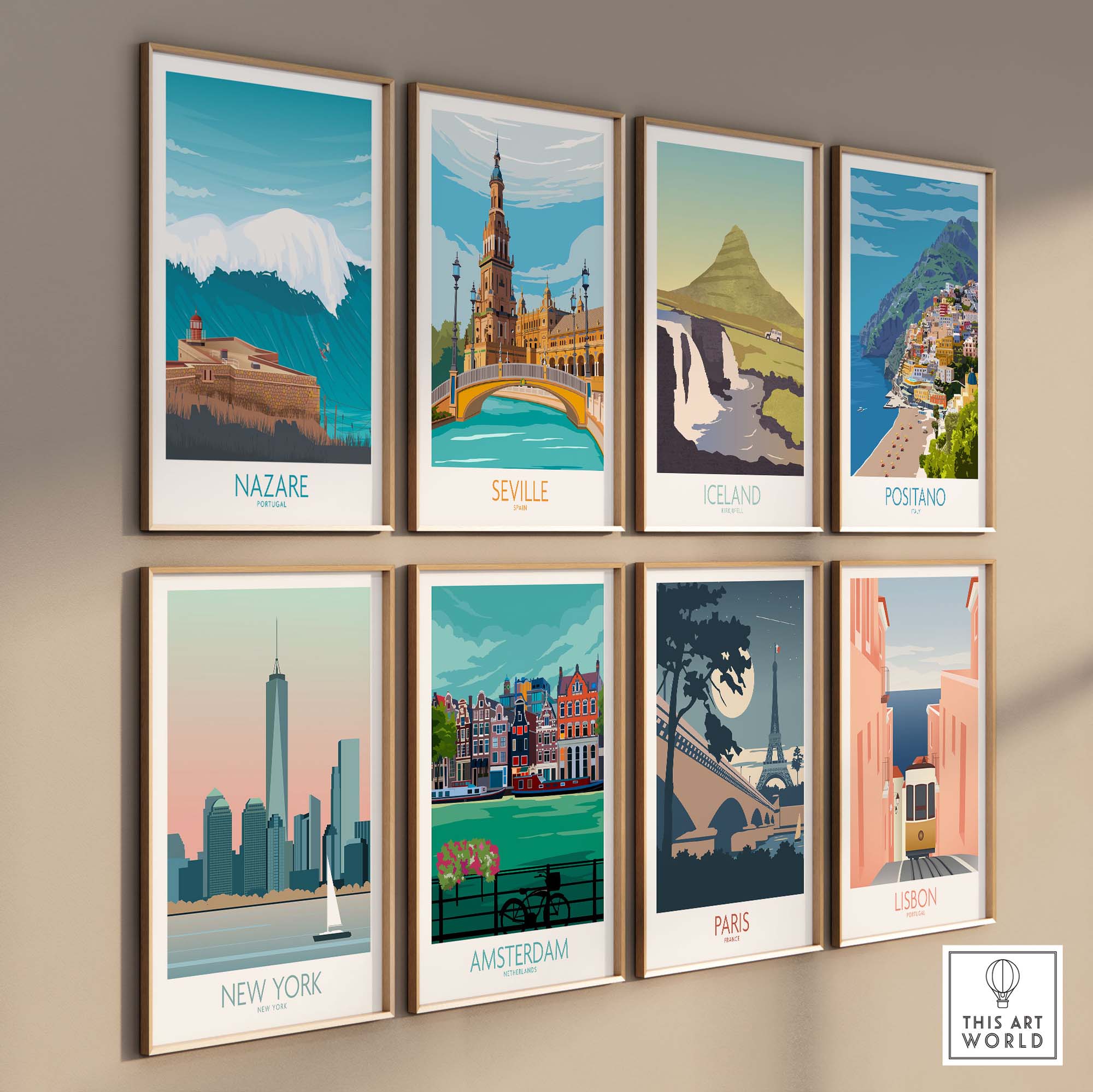 Nazare and travel-themed wall art prints displayed in a stylish arrangement, featuring iconic destinations.