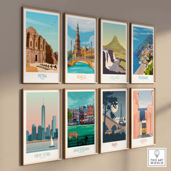 Gallery of travel wall art prints including Petra, Seville, Iceland, and more in a minimalist style.