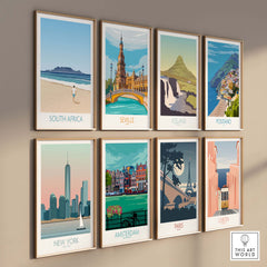 Collage of vintage travel wall art prints featuring South Africa, Seville, Iceland, and more in a minimalist style.