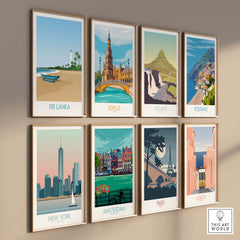 Collection of vintage travel wall art prints featuring Sri Lanka, Seville, Iceland, Positano, New York, Amsterdam, Paris, and Lisbon.