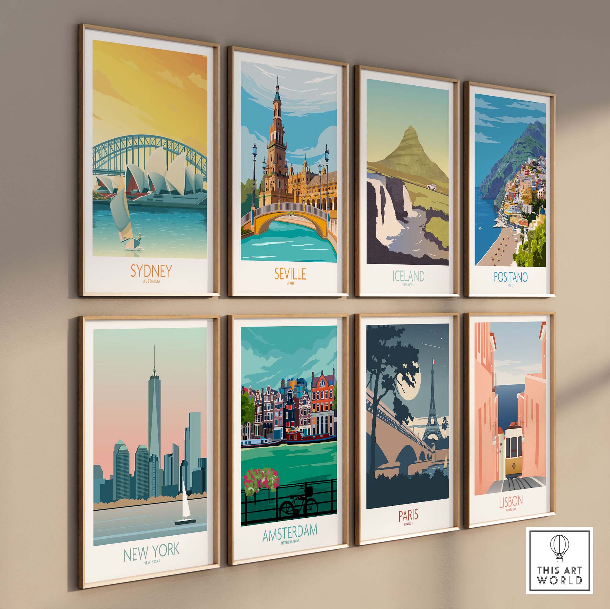 Collection of vintage style travel posters featuring Sydney, Seville, Iceland, Positano, New York, Amsterdam, Paris, and Lisbon.