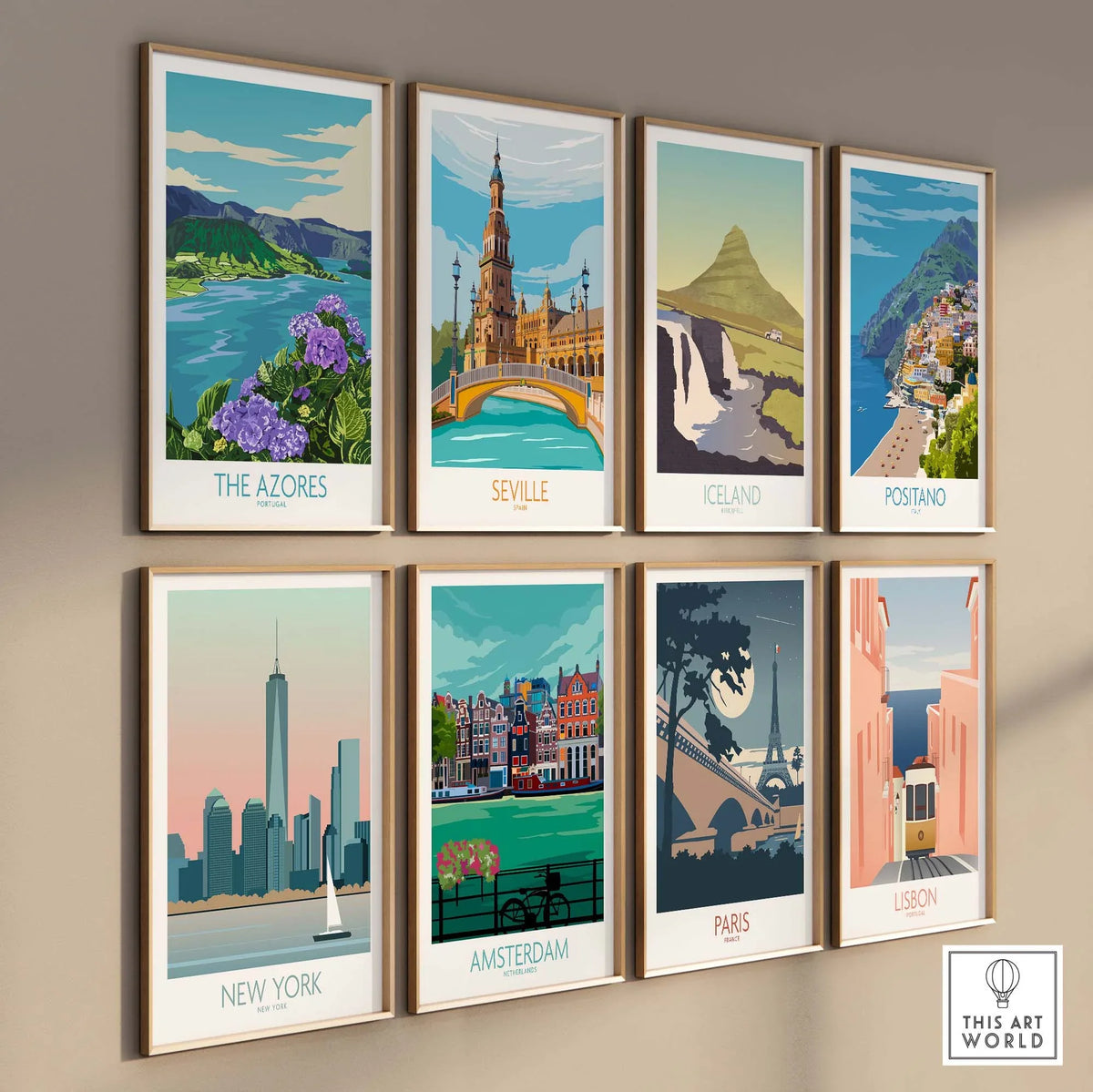 Gallery of travel wall art prints featuring The Azores, Seville, Iceland, Positano, New York, Amsterdam, Paris, and Lisbon.