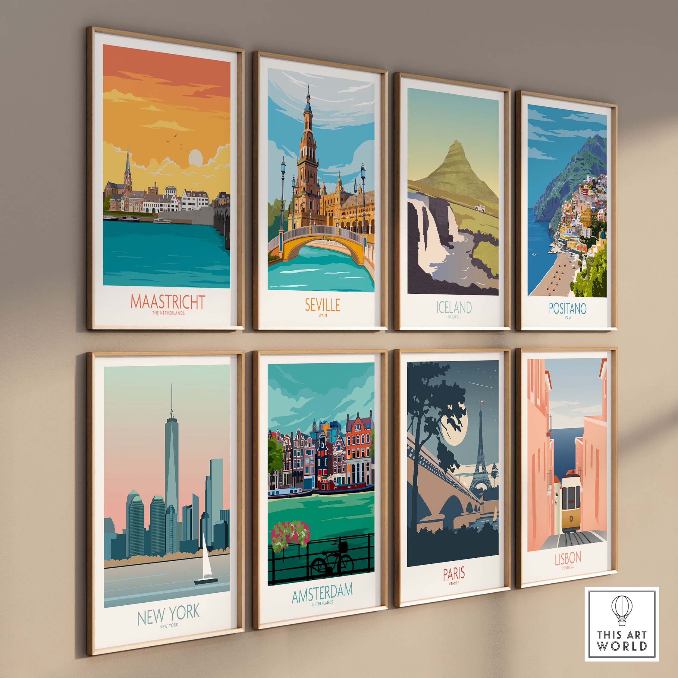 Collection of vintage travel posters featuring Maastricht, Seville, Iceland, and more on a wall.
