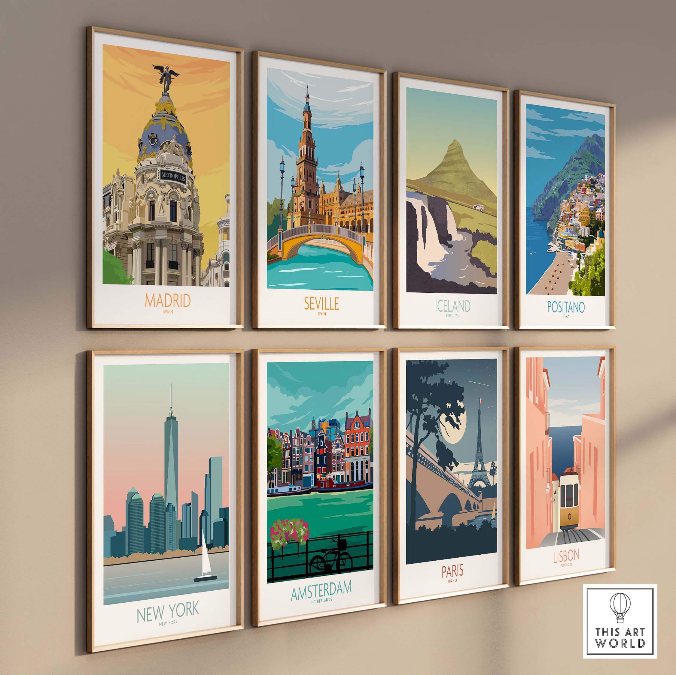 Collection of vintage travel posters featuring Madrid, Seville, Iceland, Positano, New York, Amsterdam, Paris, and Lisbon.