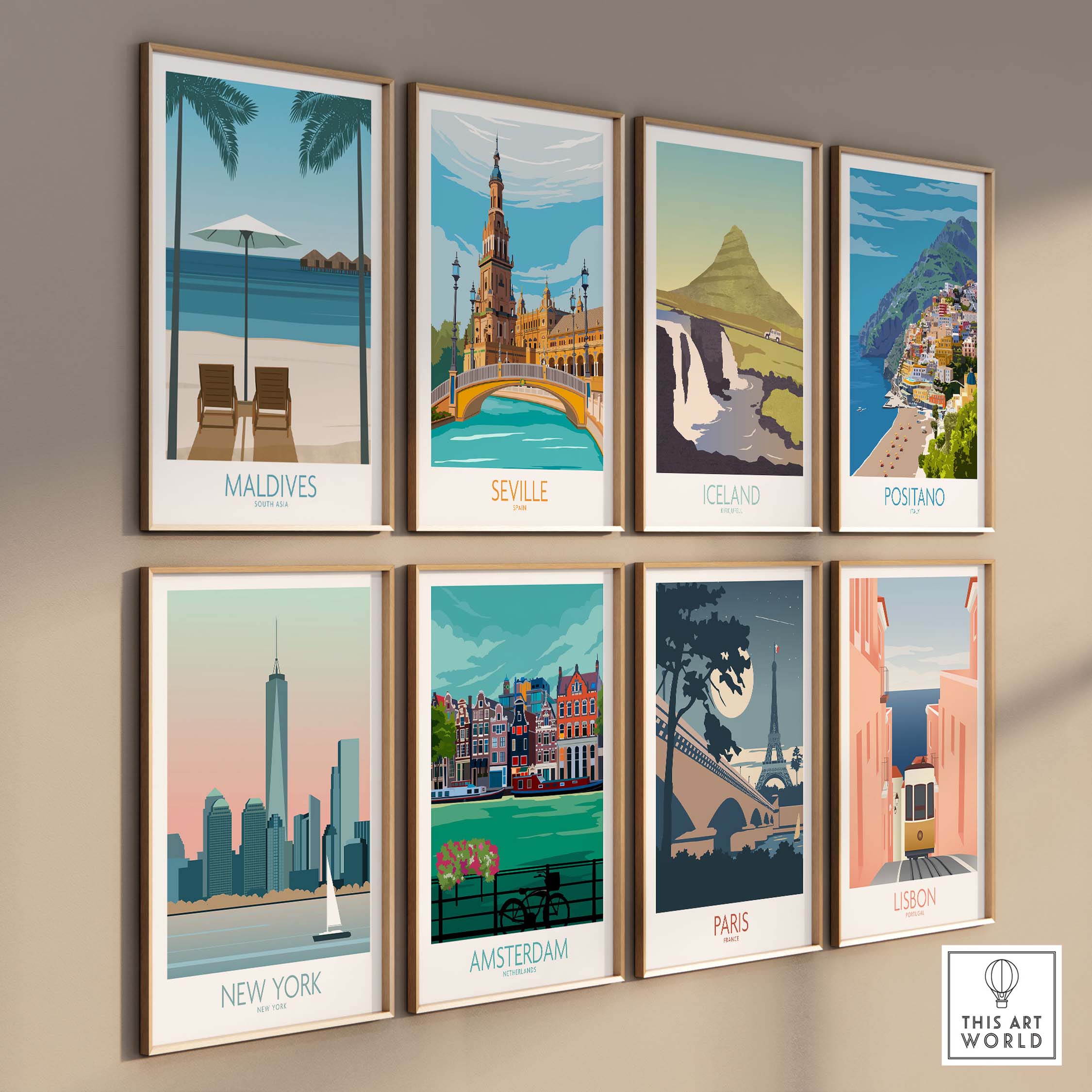 Colorful vintage-style travel poster prints showcasing Maldives, Seville, Iceland, Positano, New York, Amsterdam, Paris, and Lisbon.
