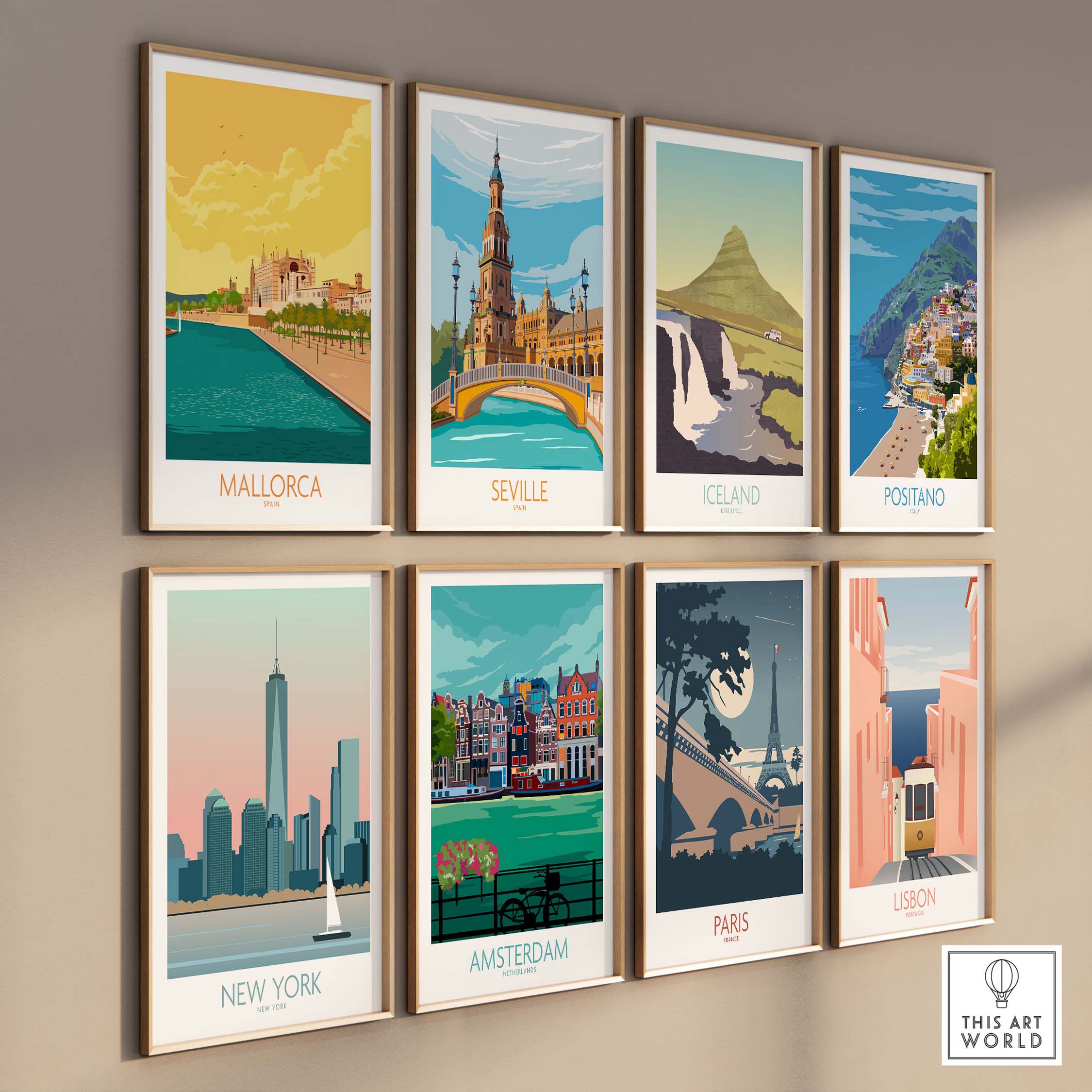Collection of vintage-style travel posters featuring Mallorca, Seville, Iceland, Positano, New York, Amsterdam, Paris, and Lisbon.