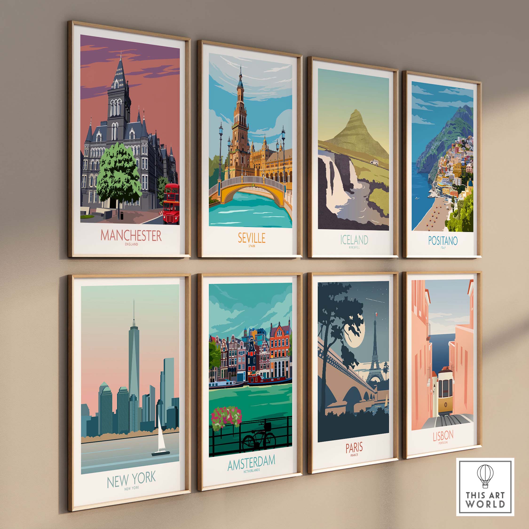 Gallery of vintage-style travel posters featuring Manchester, Seville, Iceland, and more for stylish wall art.
