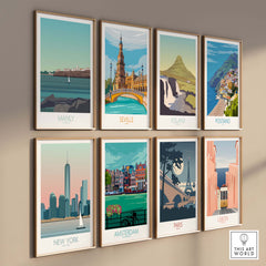 Collection of vintage travel posters featuring Manly, Seville, Iceland, and more, styled for home decor.