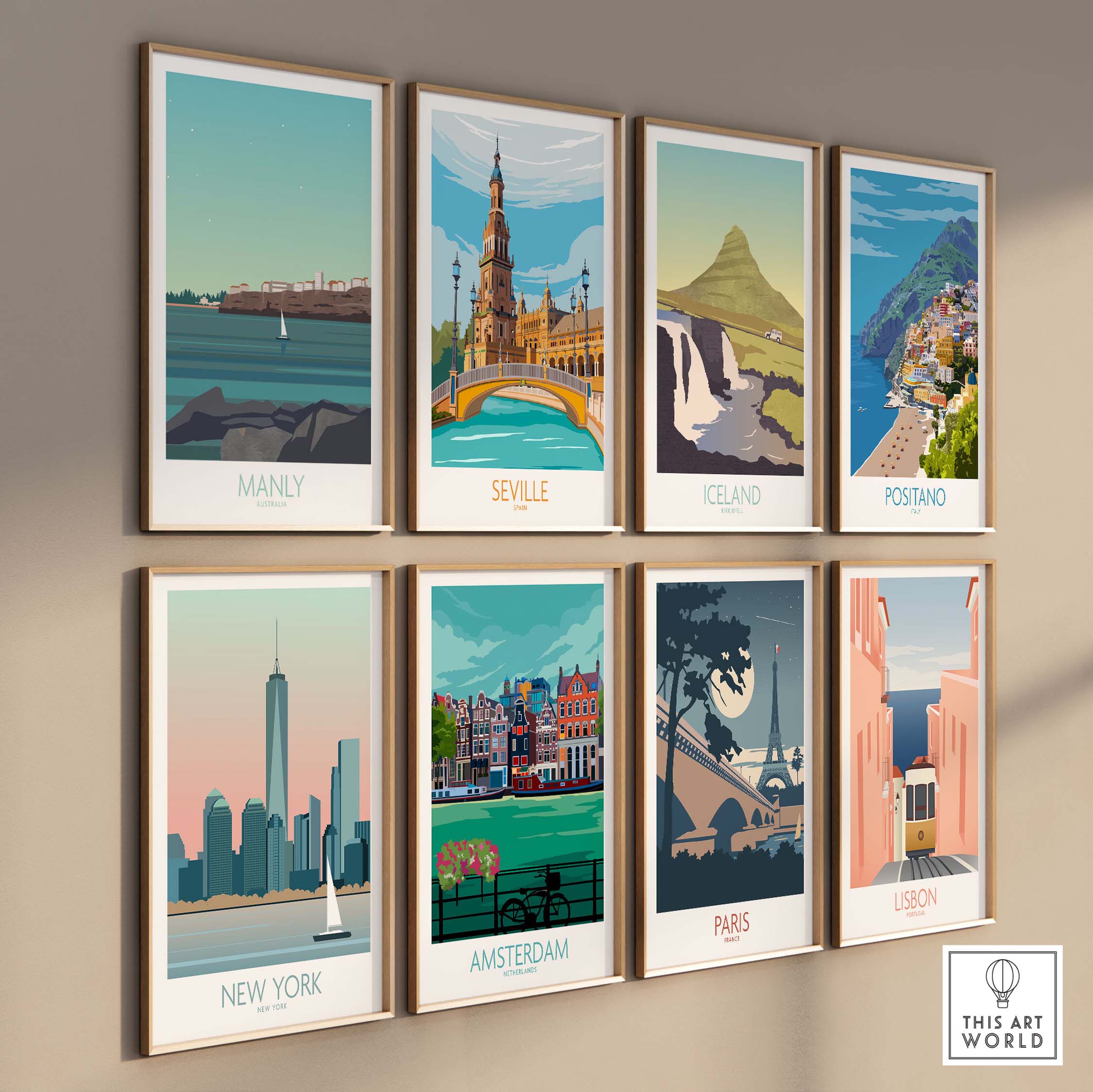 Collection of vintage travel posters featuring Manly, Seville, Iceland, and more, styled for home decor.
