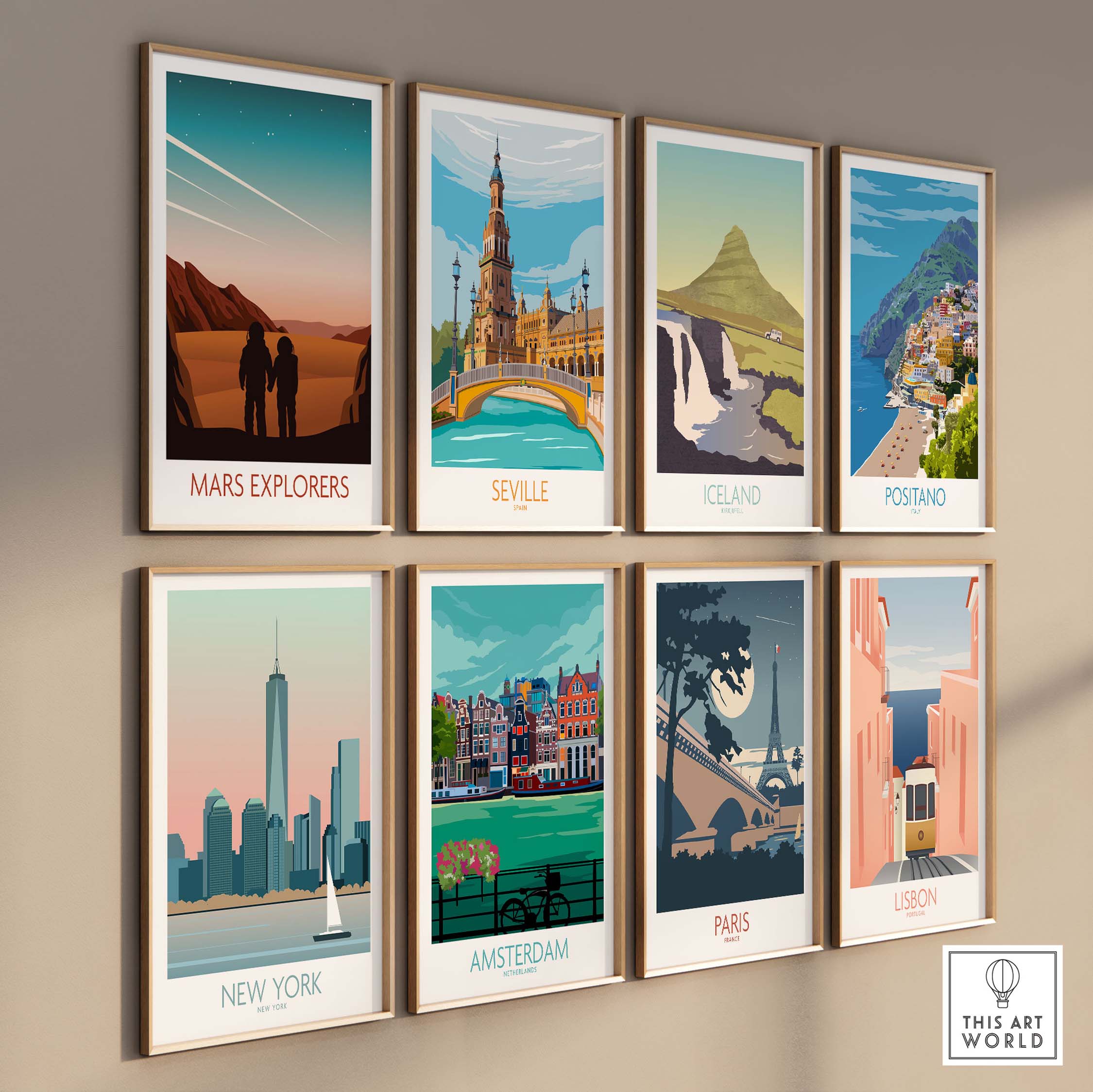 Stylish wall display of vintage travel poster prints, featuring Mars Explorers, Seville, Iceland, and more.
