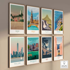 Gallery of vintage travel posters featuring Miami, Seville, Iceland, Positano, New York, Amsterdam, Paris, and Lisbon.