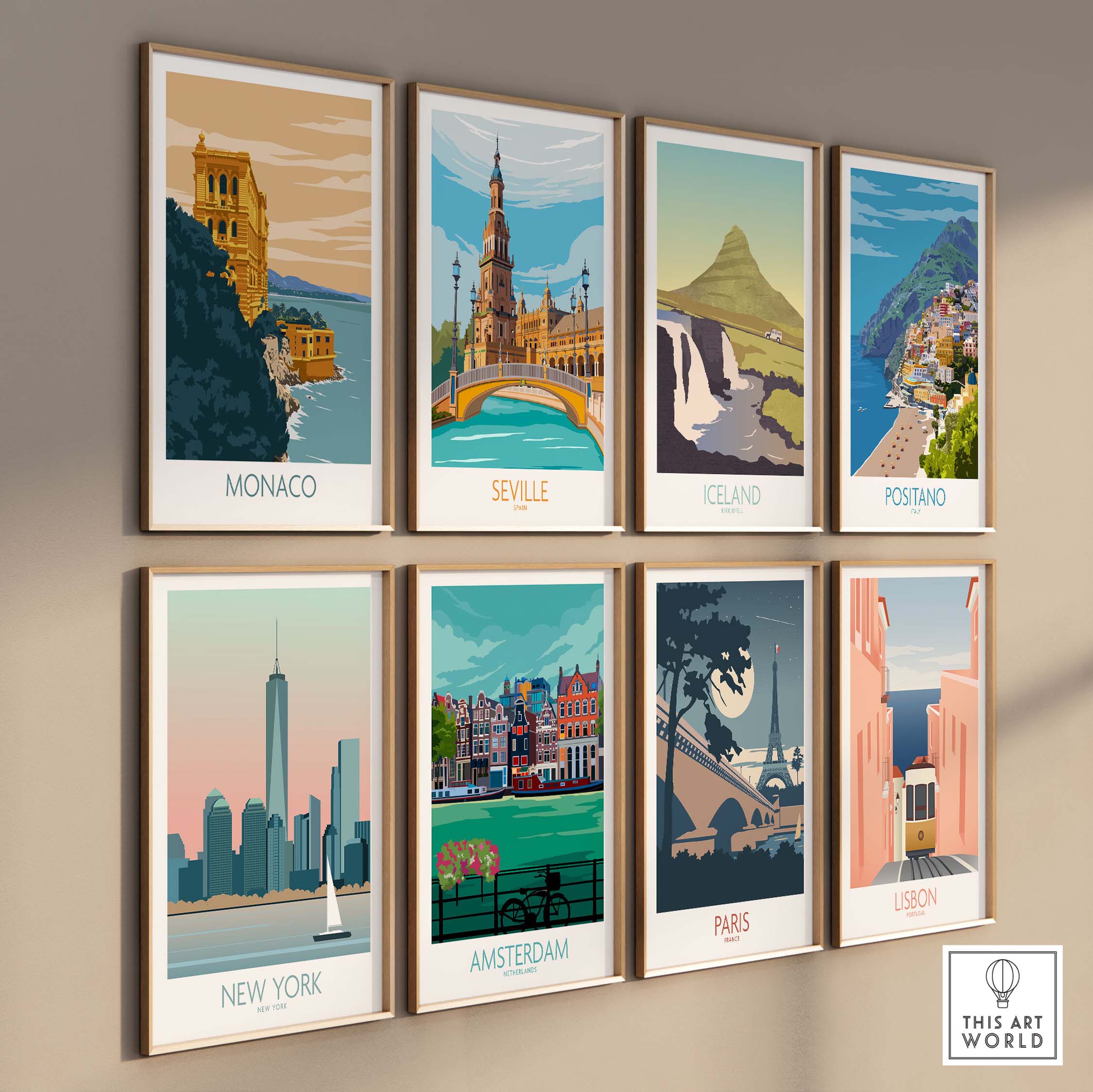 Collection of vintage travel posters featuring Monaco, Seville, Iceland, Positano, New York, Amsterdam, Paris, and Lisbon.