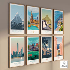 Mount Everest print travel poster among vintage art prints of New York, Seville, Iceland, Paris, Amsterdam, Positano, and Lisbon.