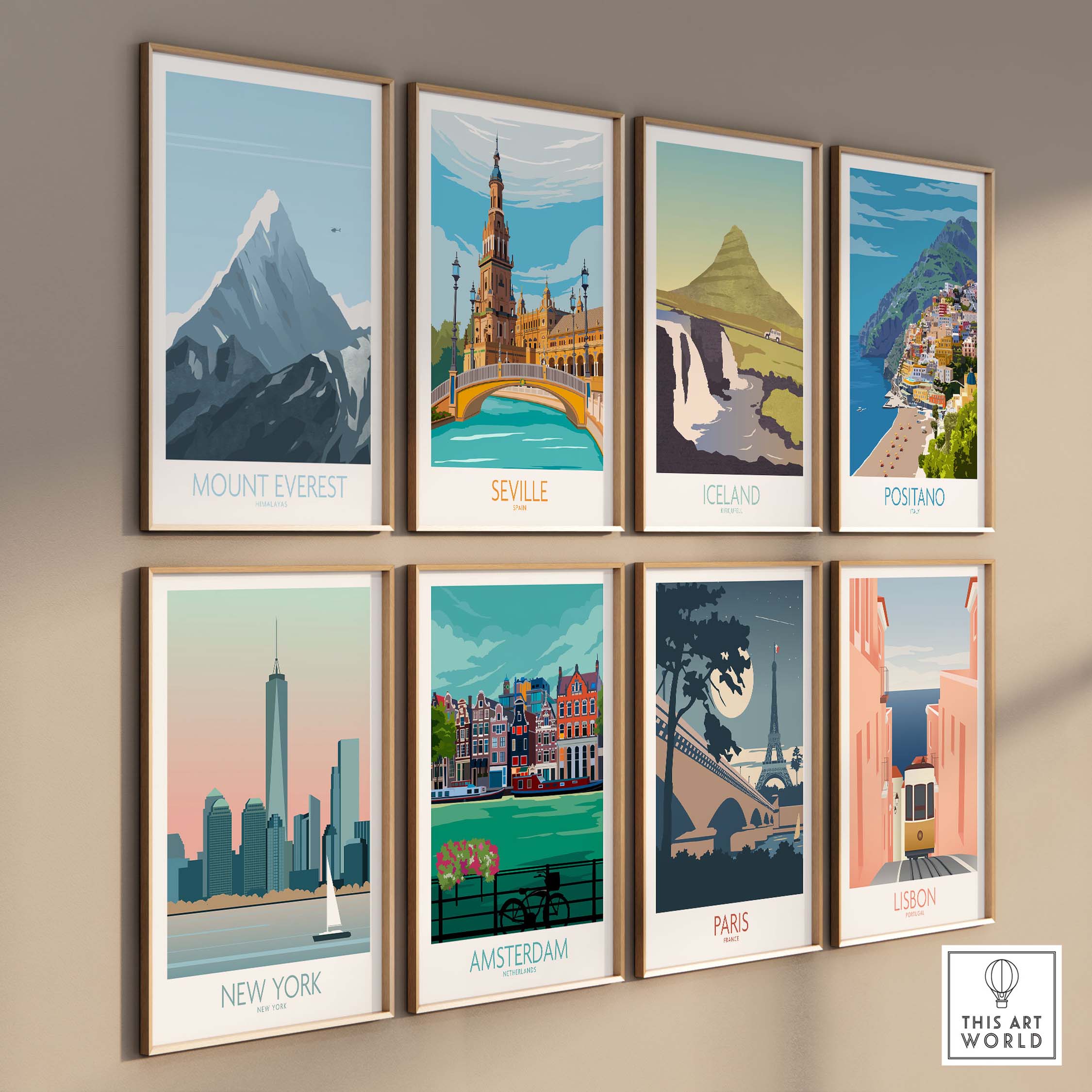 Mount Everest print travel poster among vintage art prints of New York, Seville, Iceland, Paris, Amsterdam, Positano, and Lisbon.