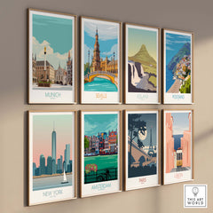 Collection of vintage travel posters featuring Munich, Seville, Iceland, Positano, New York, Amsterdam, Paris, and Lisbon.