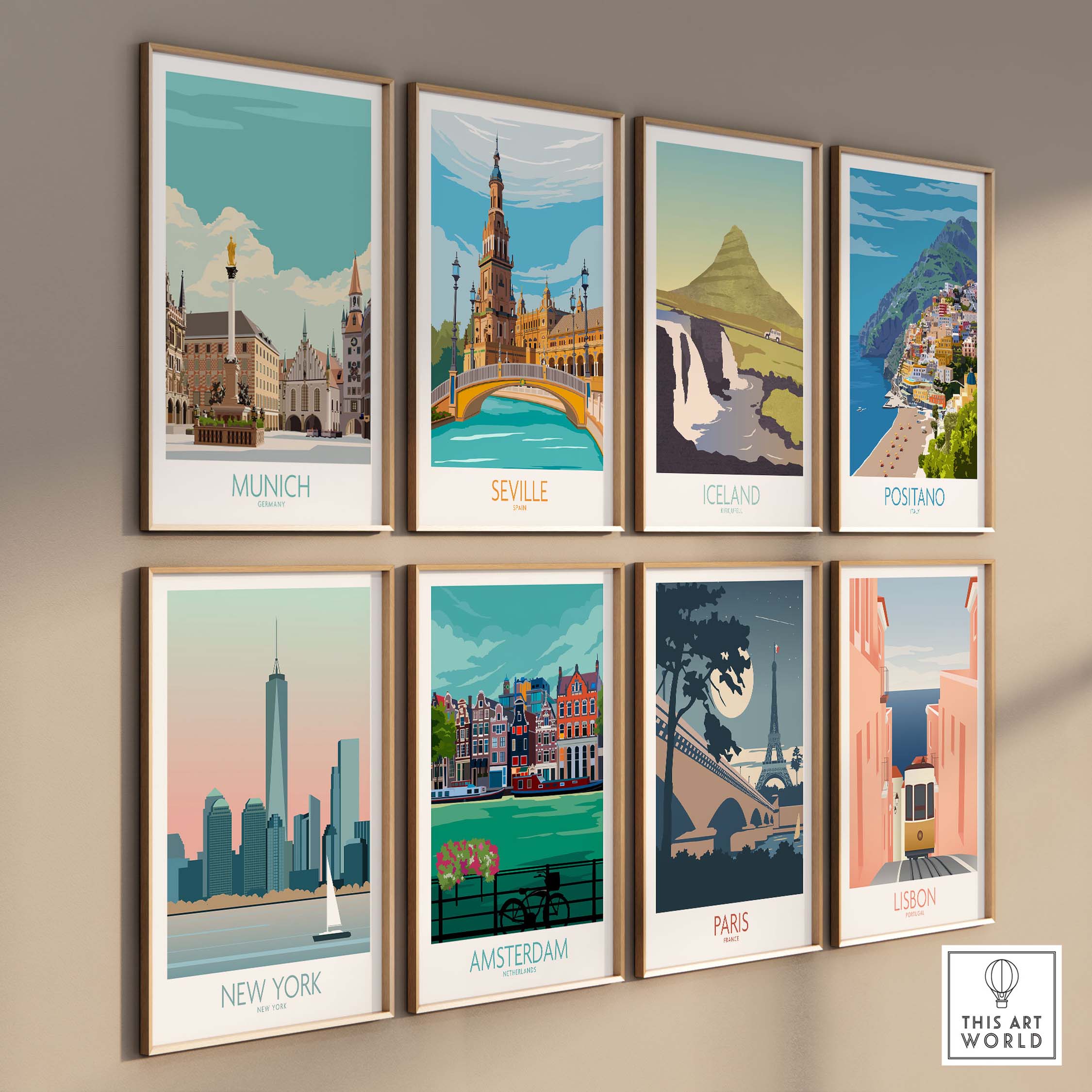 Collection of vintage travel posters featuring Munich, Seville, Iceland, Positano, New York, Amsterdam, Paris, and Lisbon.