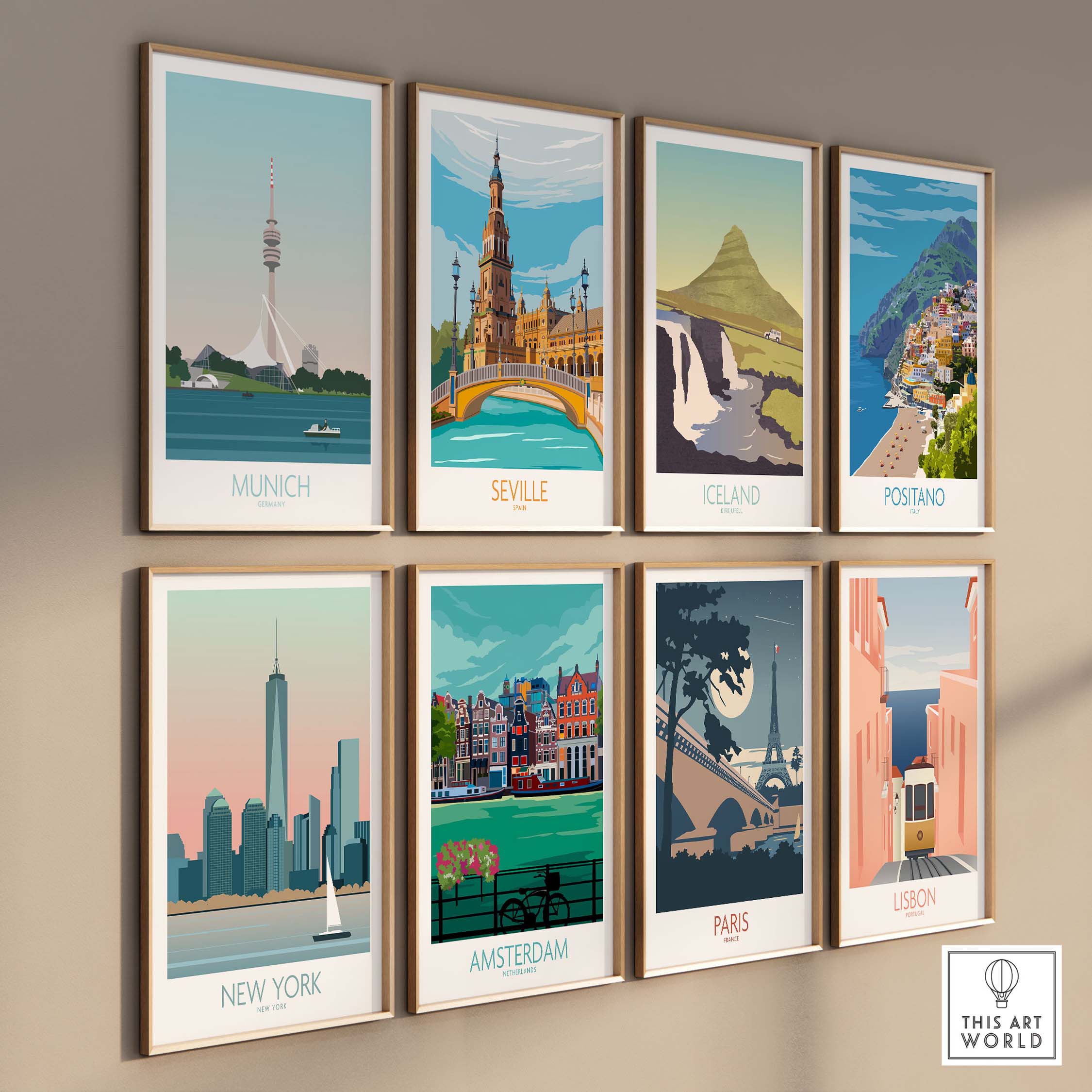 Collection of travel posters featuring Munich, Seville, Iceland, Positano, New York, Amsterdam, Paris, and Lisbon.