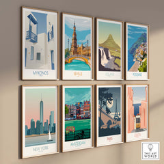 Colorful wall art prints featuring Mykonos, Seville, Iceland, Positano, New York, Amsterdam, Paris, and Lisbon.