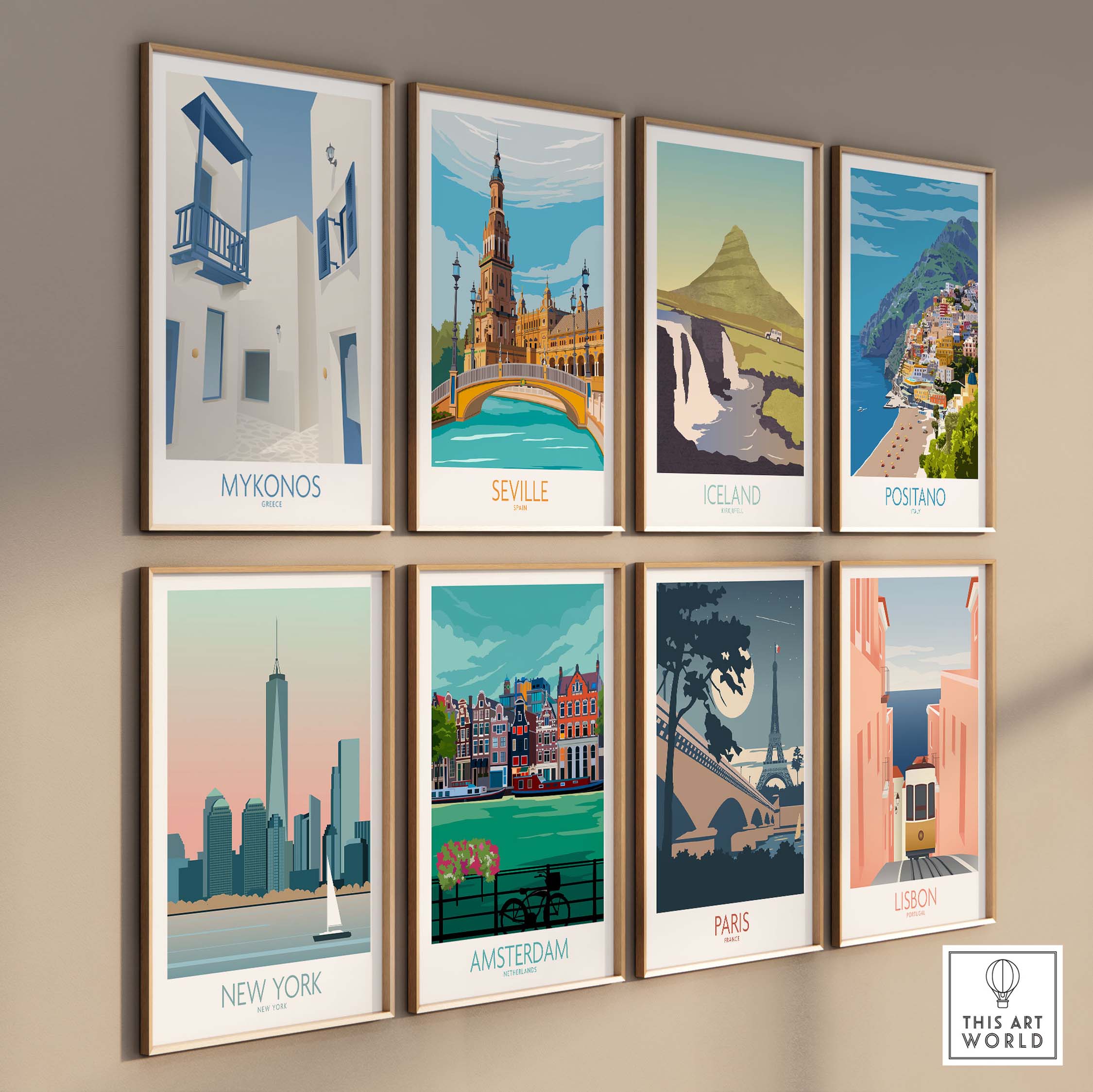 Colorful wall art prints featuring Mykonos, Seville, Iceland, Positano, New York, Amsterdam, Paris, and Lisbon.