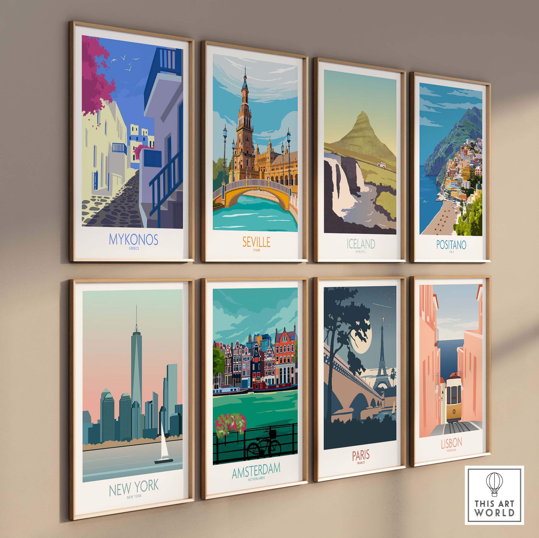 Collection of travel posters featuring Mykonos, Seville, Iceland, Positano, New York, Amsterdam, Paris, and Lisbon.