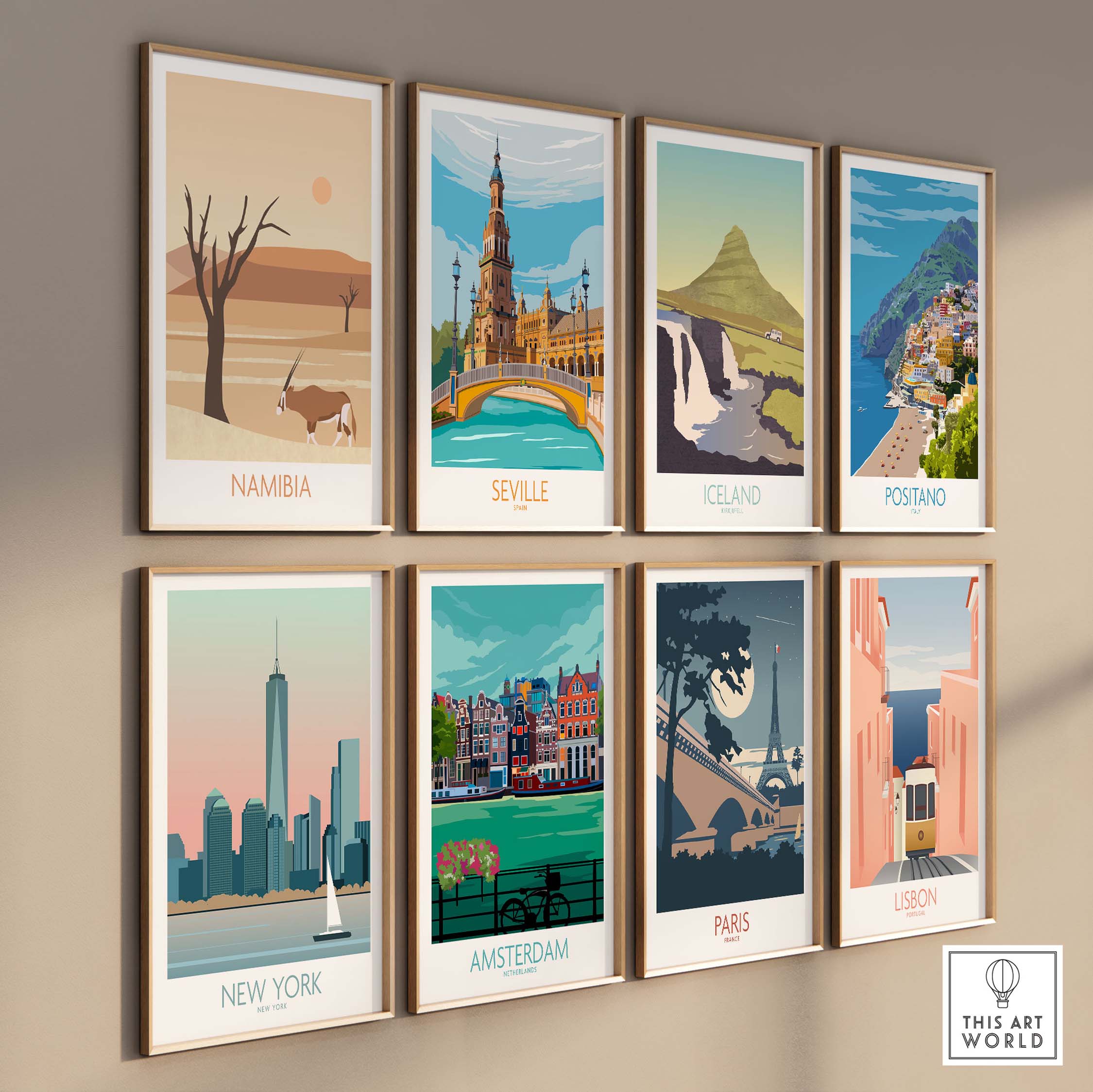 Collection of vintage travel poster prints including Namibia, Seville, Iceland, and more, showcasing vibrant art designs.