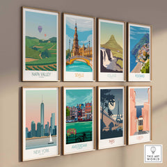 Nostalgic travel art prints featuring Napa Valley, Seville, Iceland, and more, on a stylish wall display.