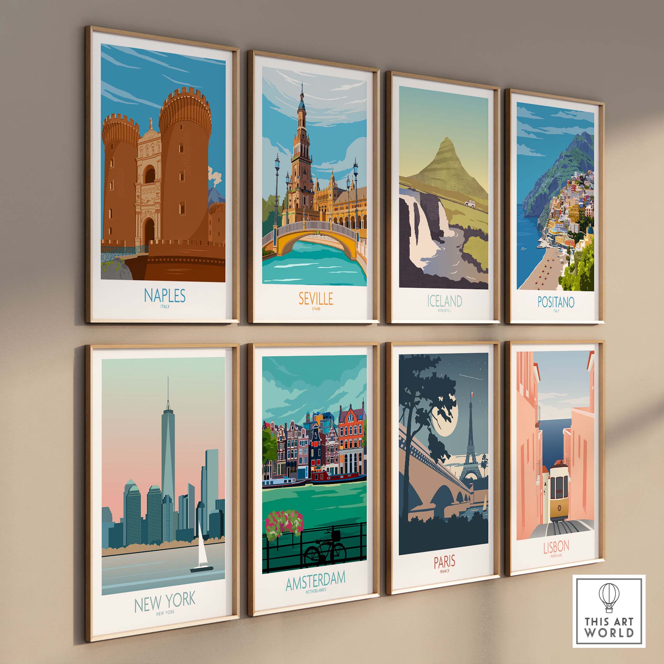 Collection of vintage travel posters featuring Naples, Seville, Iceland, Positano, New York, Amsterdam, Paris, and Lisbon