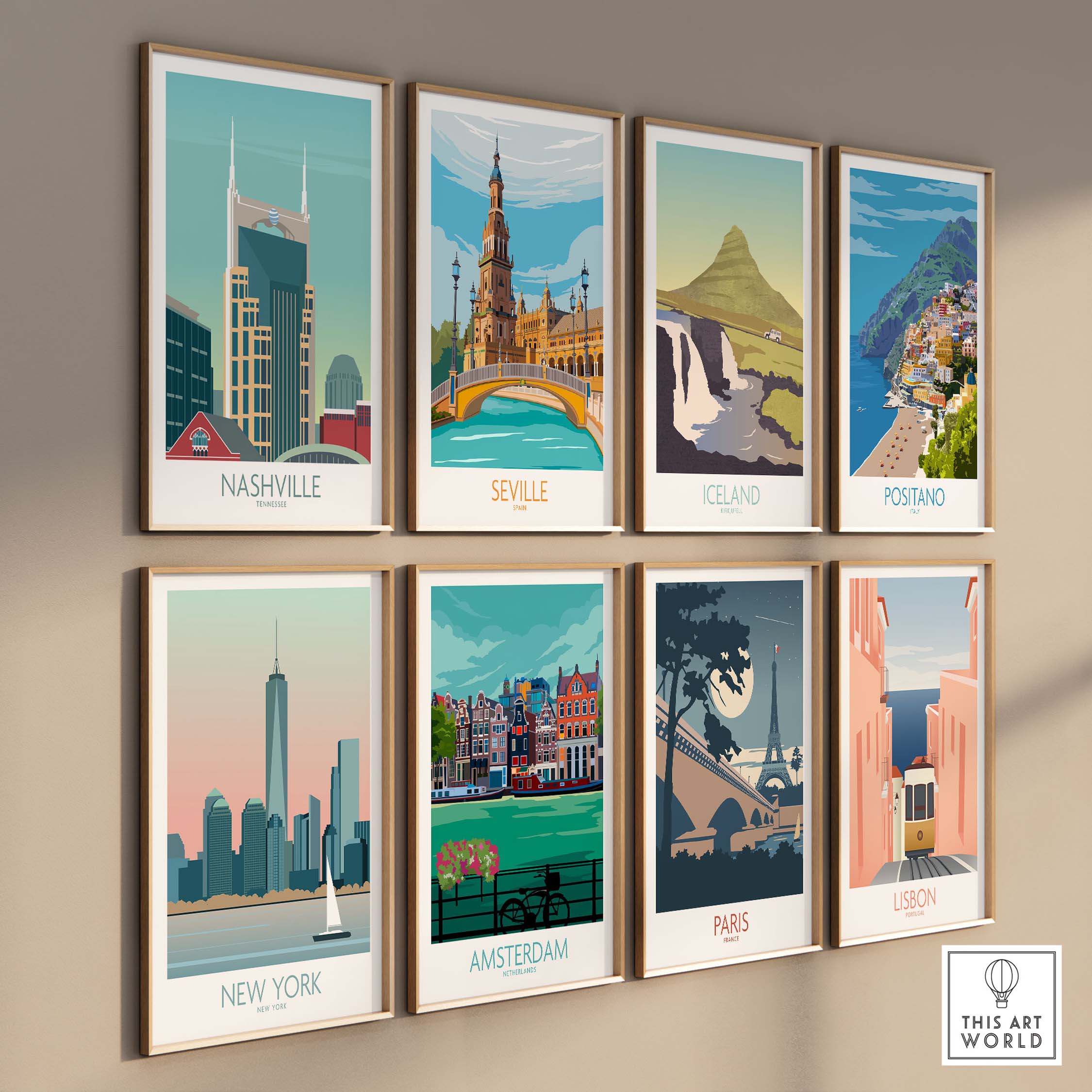 Collection of vibrant travel posters including Nashville, Seville, Iceland, and more, framed on a stylish wall.