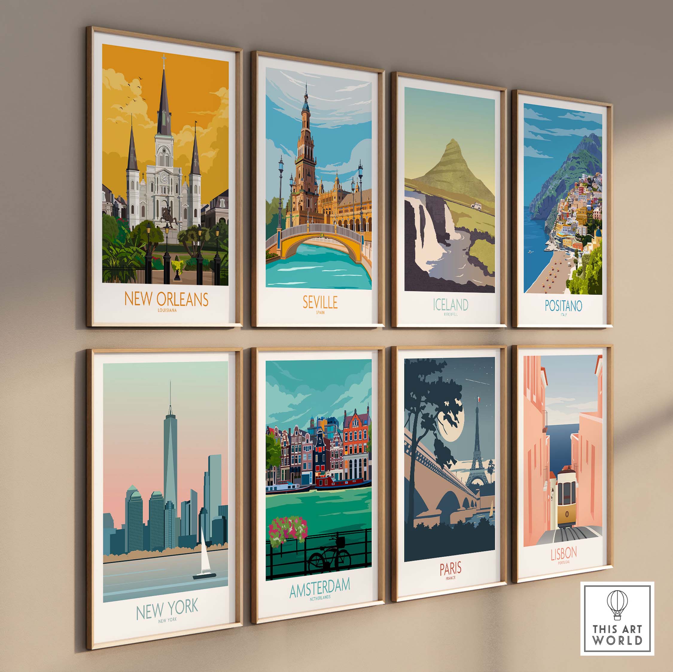Collection of vintage travel posters featuring New Orleans, Seville, Iceland, Positano, New York, Amsterdam, Paris, and Lisbon.