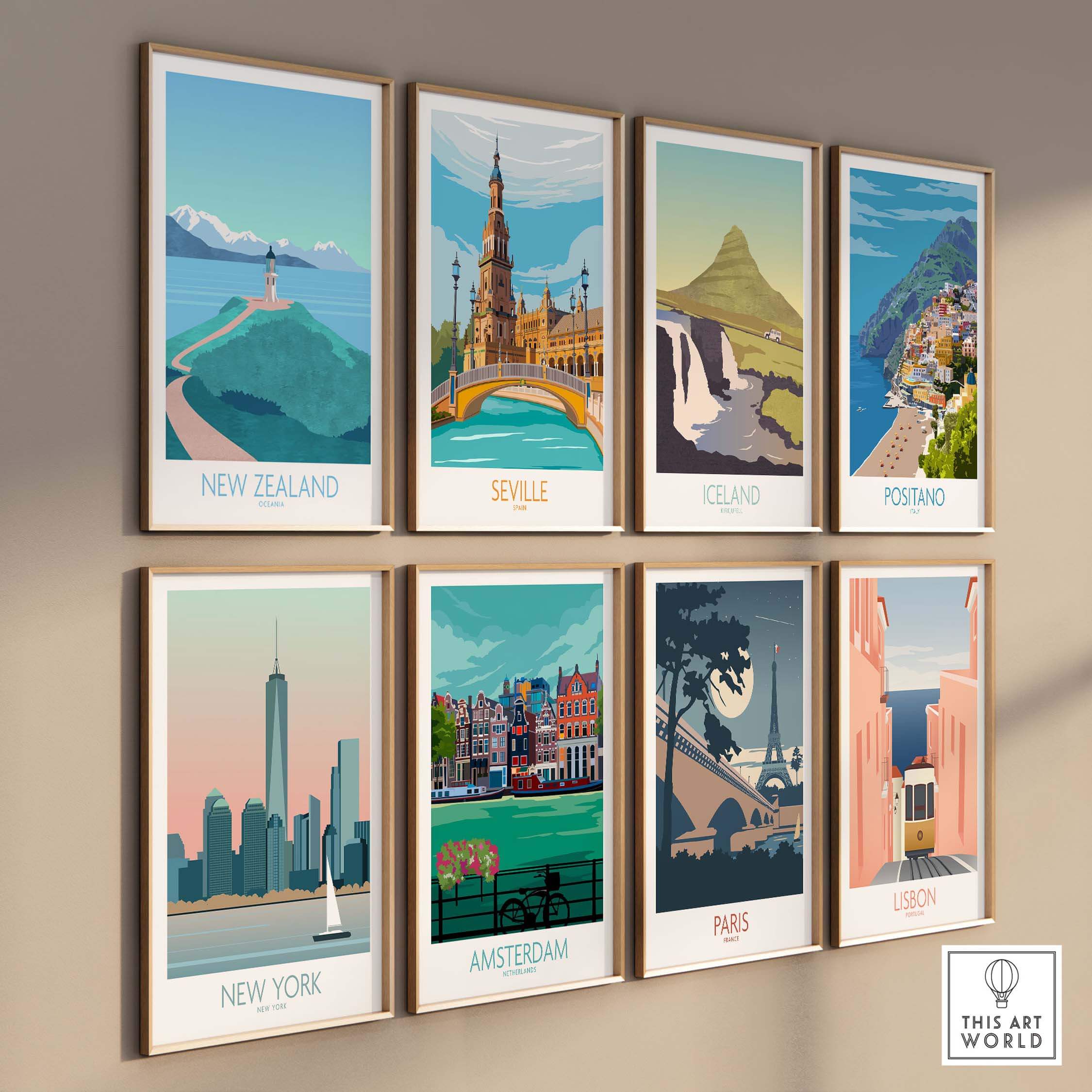 Gallery of vintage-inspired travel posters featuring New Zealand, Seville, Iceland, Positano, New York, Amsterdam, Paris, and Lisbon.